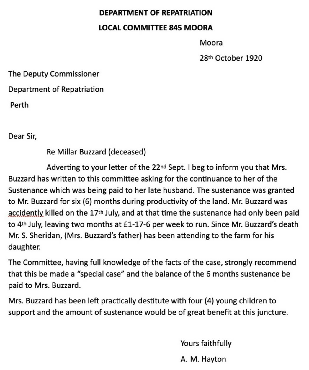 Transcript of Moora Repatriation Committee Letter to Perth Head Office